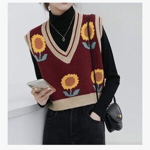 Floral Knit Sweater Vest - Burgundy✨